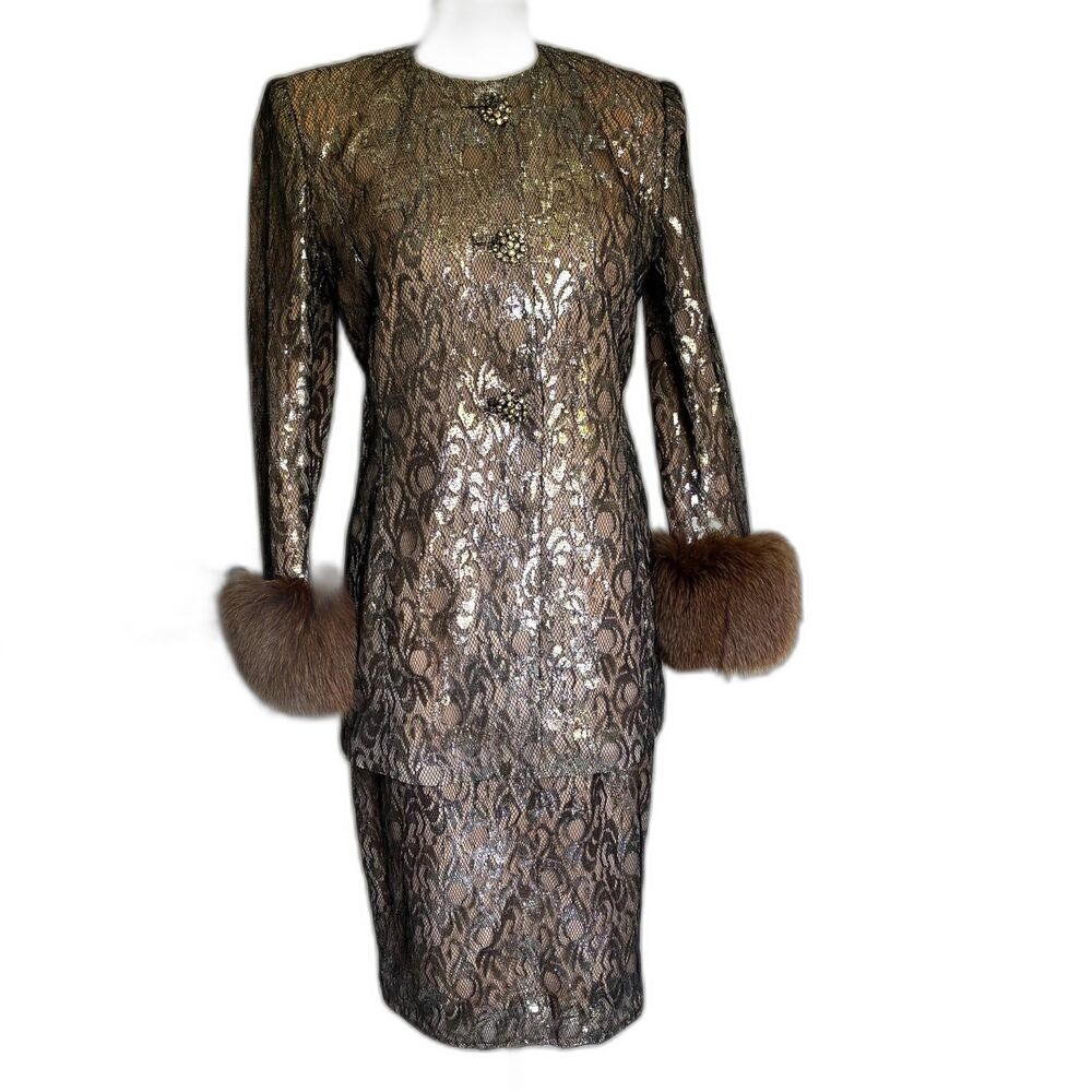 Rare David Hayes Vintage Metallic Lace Skirt Suit Ornate Jewel Buttons Fur Trim
